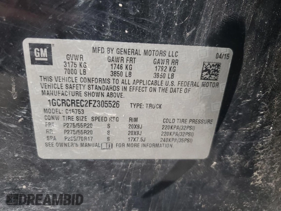 2015 Chevrolet Silverado 1500 LT with VIN 1GCRCREC2FZ305526, listed as a Copart auction lot 49399795 with 224,643 mi miles and Salvage Title. Bid and sale history available at DreamBid. Image 12.