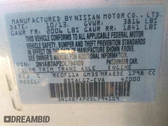 2013 Nissan Sentra S with VIN 3N1AB7AP2DL794109, listed as a IAAI auction lot 41217692 with 128,249 mi miles and . Bid and sale history available at DreamBid. Image 9.
