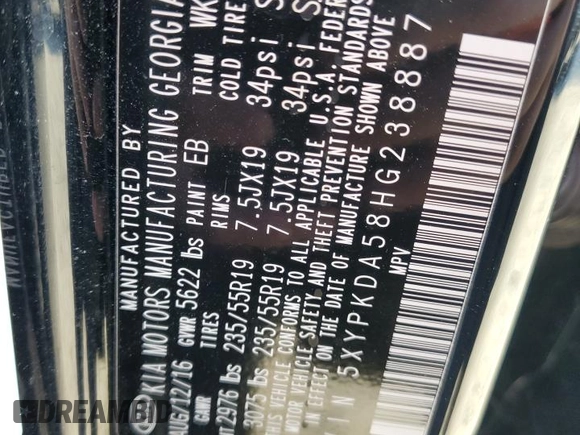 2017 Kia Sorento SX with VIN 5XYPKDA58HG238887, listed as a Copart auction lot 57353155 with 72,914 mi miles and Salvage title. Bid and sale history available at DreamBid. Image 12.
