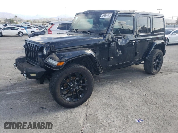2021 Jeep Wrangler Unlimited Sahara High Altitude with VIN 1C4HJXEM0MW669053, listed as a Copart auction lot 47887465 with Not provided miles and Salvage title. Bid and sale history available at DreamBid. Image 1.