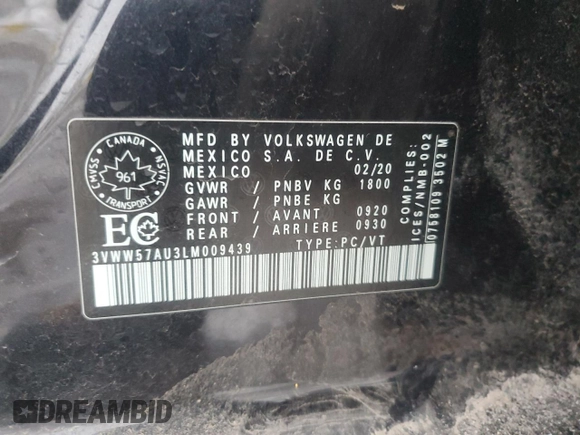 2020 Volkswagen Golf TSI с VIN 3VWW57AU3LM009439, выставлен на аукционе Copart как лот 46653695 с пробегом 98 133 миль миль и Списание • Salvage title. История ставок и продаж доступна на DreamBid. Изображение 12.