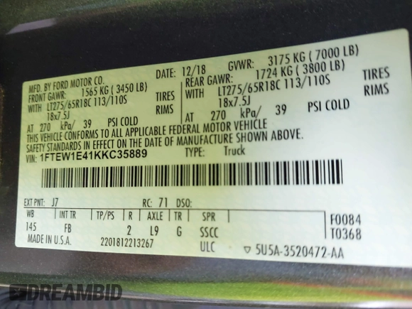 2019 Ford F-150 XL with VIN 1FTEW1E41KKC35889, listed as a IAAI auction lot 41828622 with Not Provided miles and . Bid and sale history available at DreamBid. Image 9.