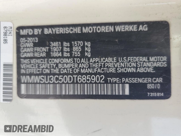 2013 MINI Hardtop z VIN WMWSU3C50DT685902, wystawiony jako Copart lot #58071935 z przebiegiem 114 908 mil mil oraz Szkoda całkowita • Salvage title. Historia ofert i sprzedaży dostępna na DreamBid. Obrazek 12.