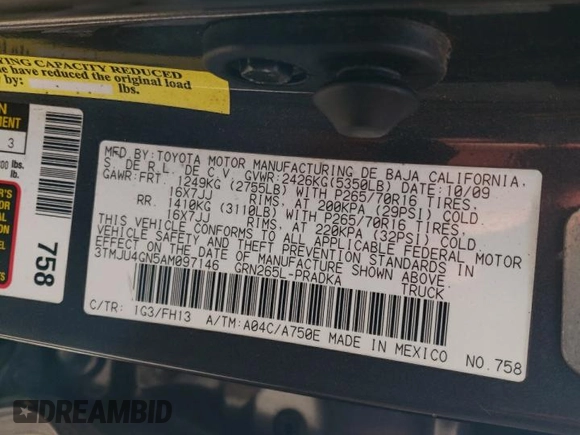 2010 Toyota Tacoma PreRunner with VIN 3TMJU4GN5AM097146, listed as a Copart auction lot 62339915 with 329,044 mi miles and Salvage title. Bid and sale history available at DreamBid. Image 12.