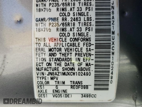 2012 Nissan Murano SL with VIN JN8AZ1MUXCW102490, listed as a Copart auction lot 50504355 with 148,964 mi miles and Salvage Title. Bid and sale history available at carsss.com. Image 12.
