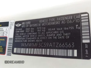 2010 MINI Hardtop with VIN WMWMF3C59ATZ66563, listed as a IAAI auction lot 42098521 with 153,734 mi miles and . Bid and sale history available at DreamBid. Image 9.