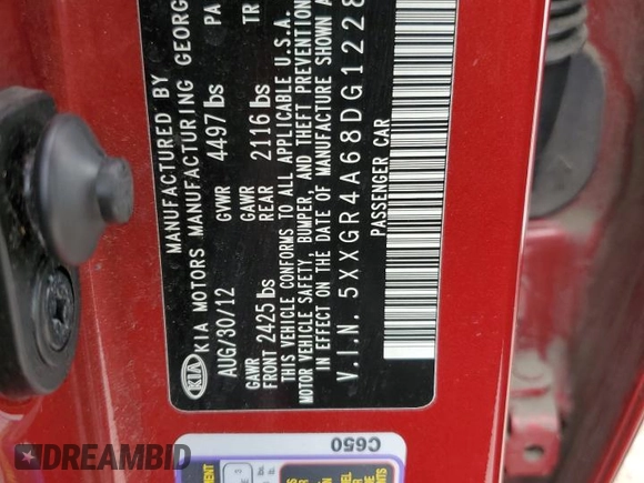 2013 Kia Optima SX with VIN 5XXGR4A68DG122852, listed as a Copart auction lot 56891934 with 145,398 mi miles and Salvage Title. Bid and sale history available at carsss.com. Image 12.
