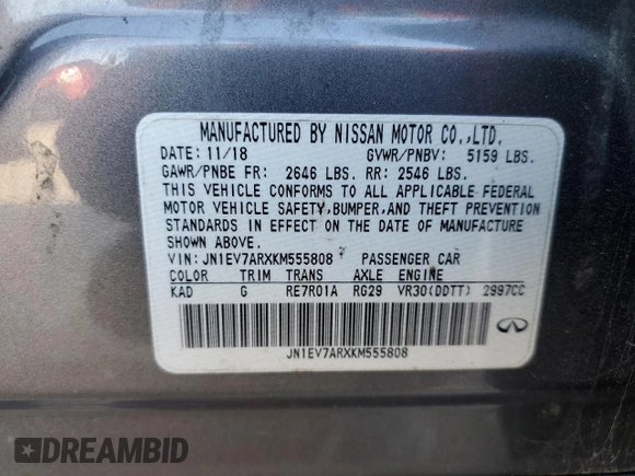 2019 Infiniti Q50 3.0t LUXE with VIN JN1EV7ARXKM555808, listed as a Copart auction lot 53488325 with 43,836 mi miles and Salvage Title. Bid and sale history available at carsss.com. Image 12.