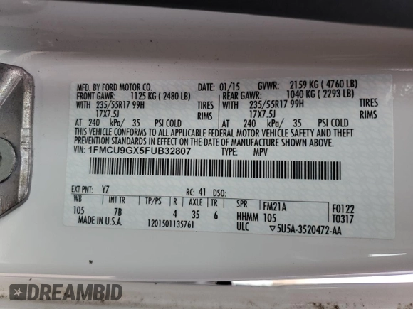 2015 Ford Escape SE with VIN 1FMCU9GX5FUB32807, listed as a Copart auction lot 77931094 with 111,212 mi miles and Non Repairable. Bid and sale history available at carsss.com. Image 12.