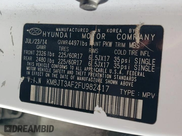 2015 Hyundai Tucson GLS with VIN KM8JT3AF2FU982417, listed as a Copart auction lot 54242845 with 174,911 mi miles and Salvage Title. Bid and sale history available at DreamBid. Image 13.