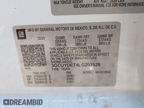 2020 Chevrolet Silverado 1500 LT with VIN 3GCUYDET4LG203526, listed as a IAAI auction lot 42107566 with 106,584 mi miles and . Bid and sale history available at DreamBid. Image 9.