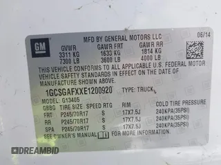 2014 Chevrolet Express Cargo with VIN 1GCSGAFXXE1200920, listed as a IAAI auction lot 42637911 with 205,182 mi miles and . Bid and sale history available at DreamBid. Image 9.