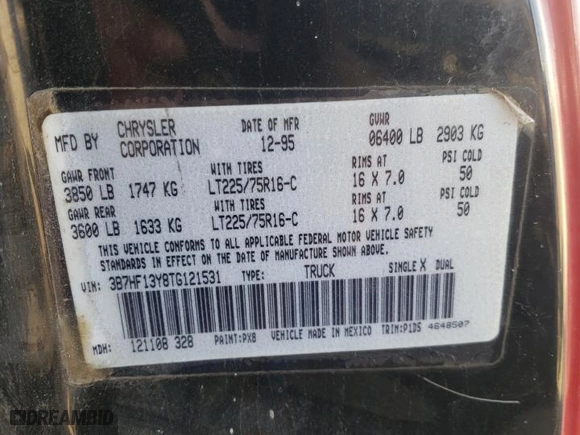 1996 Dodge Ram 1500 with VIN 3B7HF13Y8TG121531, listed as a Copart auction lot 72366134 with 220,797 mi miles and Salvage Title. Bid and sale history available at carsss.com. Image 12.