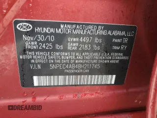 2011 Hyundai Sonata Limited with VIN 5NPEC4AB4BH211745, listed as a Copart auction lot 53936325 with 62,704 mi miles and Clean Title. Bid and sale history available at DreamBid. Image 12.
