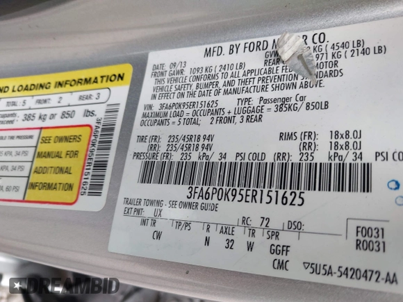 2014 Ford Fusion Titanium with VIN 3FA6P0K95ER151625, listed as a IAAI auction lot 42109141 with 182,328 mi miles and . Bid and sale history available at DreamBid. Image 9.