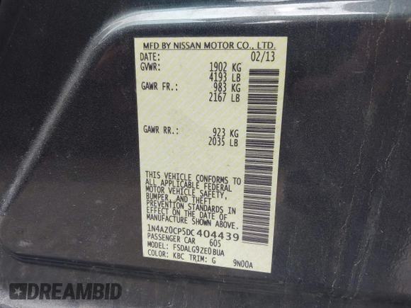 2013 Nissan LEAF SL with VIN 1N4AZ0CP5DC404439, listed as a IAAI auction lot 42098825 with 73,254 mi miles and . Bid and sale history available at DreamBid. Image 9.