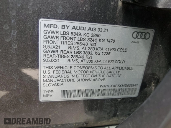 2021 Audi Q7 Premium Plus with VIN WA1LXAF7XMD035947, listed as a Copart auction lot 59604885 with 25,850 mi miles and Salvage title. Bid and sale history available at DreamBid. Image 14.