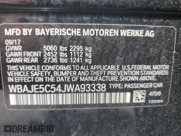 2018 BMW 5 Series 540i with VIN WBAJE5C54JWA93338, listed as a Copart auction lot 54312385 with 77,537 mi miles and Salvage title. Bid and sale history available at DreamBid. Image 12.