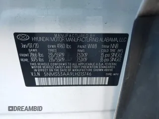 2020 Hyundai Santa Fe Limited with VIN 5NMS53AA9LH213746, listed as a IAAI auction lot 41306902 with 55,713 mi miles and . Bid and sale history available at DreamBid. Image 9.