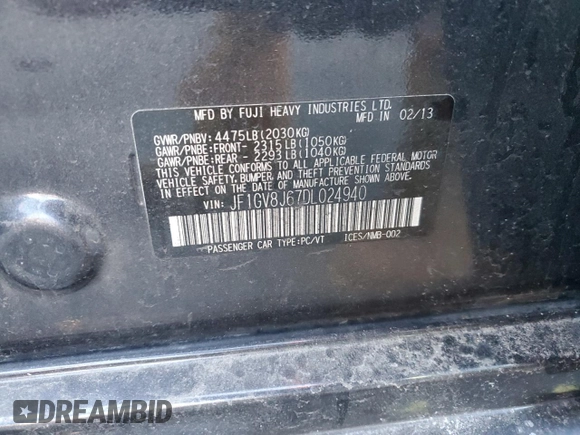 2013 Subaru Impreza Sedan WRX WRX STI with VIN JF1GV8J67DL024940, listed as a Copart auction lot 41514865 with 0 mi miles and Salvage Title. Bid and sale history available at carsss.com. Image 12.