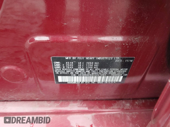 2017 Subaru Legacy Premium with VIN 4S3BNAD68H3041985, listed as a IAAI auction lot 42337268 with 130,085 mi miles and . Bid and sale history available at DreamBid. Image 9.