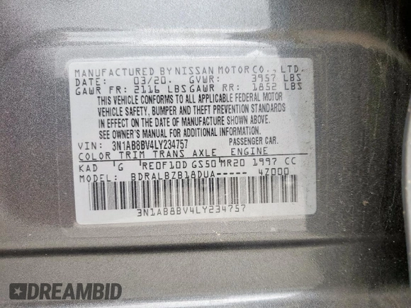 2020 Nissan Sentra S with VIN 3N1AB8BV4LY234757, listed as a Copart auction lot 51538765 with 53,342 mi miles and Salvage Title. Bid and sale history available at DreamBid. Image 14.
