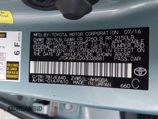 2016 Toyota Prius Four with VIN JTDKARFU2G3028881, listed as a IAAI auction lot 41391646 with 147,335 mi miles and . Bid and sale history available at DreamBid. Image 9.