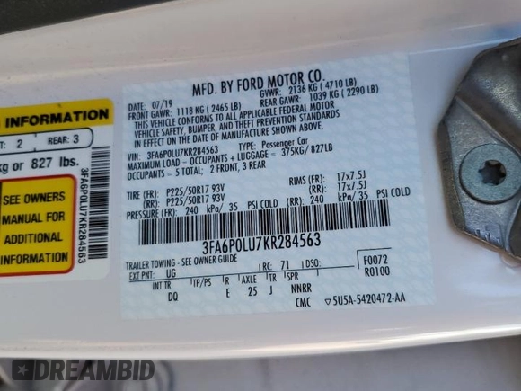 2019 Ford Fusion Hybrid SE with VIN 3FA6P0LU7KR284563, listed as a Copart auction lot 39979903 with 0 mi miles. Bid and sale history available at carsss.com. Image 14.