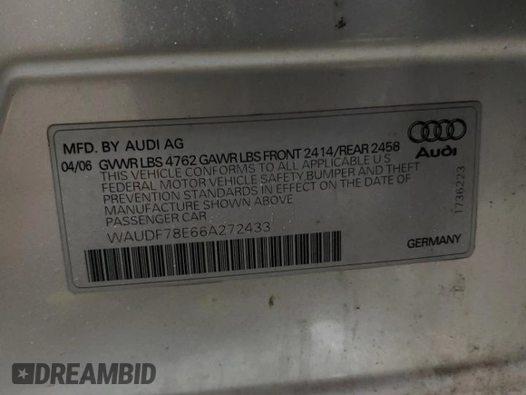 2006 Audi A4 2.0T with VIN WAUDF78E66A272433, listed as a Copart auction lot 44029905 with 171,567 mi miles and Salvage Title. Bid and sale history available at carsss.com. Image 12.