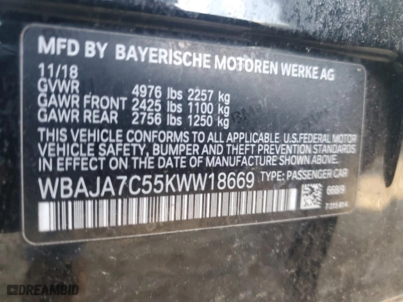 2019 BMW 5 Series 530i xDrive with VIN WBAJA7C55KWW18669, listed as a Copart auction lot 74400424 with 162,503 mi miles and Clean Title. Bid and sale history available at carsss.com. Image 12.