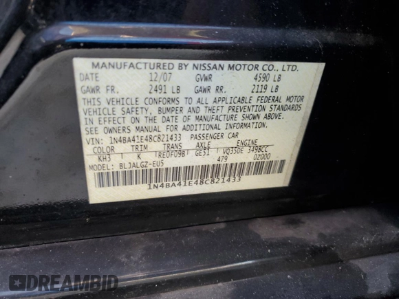 2008 Nissan Maxima 3.5 SL with VIN 1N4BA41E48C821433, listed as a Copart auction lot 78092604 with 149,250 mi miles and Salvage Title. Bid and sale history available at carsss.com. Image 13.