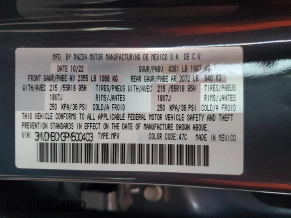 2023 Mazda CX-30 S Carbon Edition с VIN 3MVDMBCM3PM500403, выставлен на аукционе Copart как лот 88146095 с пробегом 29 861 миль миль и Списание • Salvage title. История ставок и продаж доступна на DreamBid. Изображение 14.