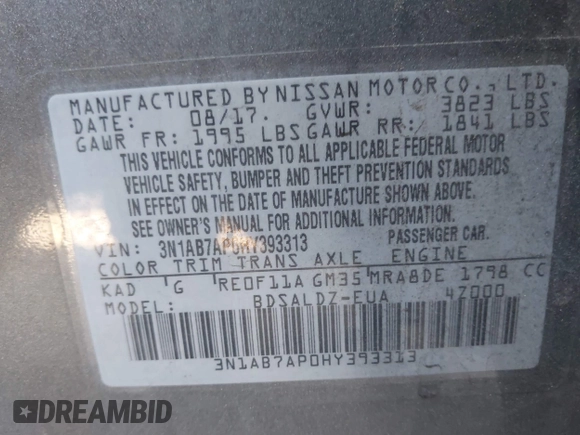 2017 Nissan Sentra S with VIN 3N1AB7AP0HY393313, listed as a IAAI auction lot 41658867 with 98,716 mi miles and . Bid and sale history available at DreamBid. Image 9.