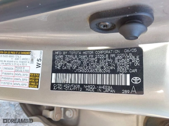 2005 Toyota Prius with VIN JTDKB20U653080296, listed as a IAAI auction lot 41927750 with 1 mi miles. Bid and sale history available at carsss.com. Image 9.