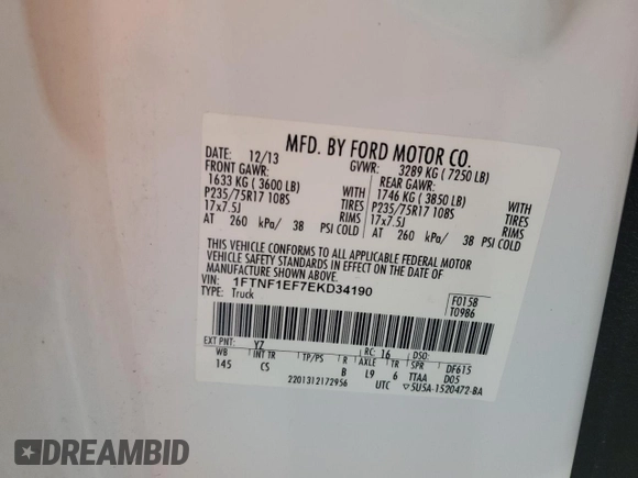 2014 Ford F-150 XL с VIN 1FTNF1EF7EKD34190, выставлен на аукционе Copart как лот 54527665 с пробегом 155 007 миль миль и Списание • Salvage title. История ставок и продаж доступна на DreamBid. Изображение 12.