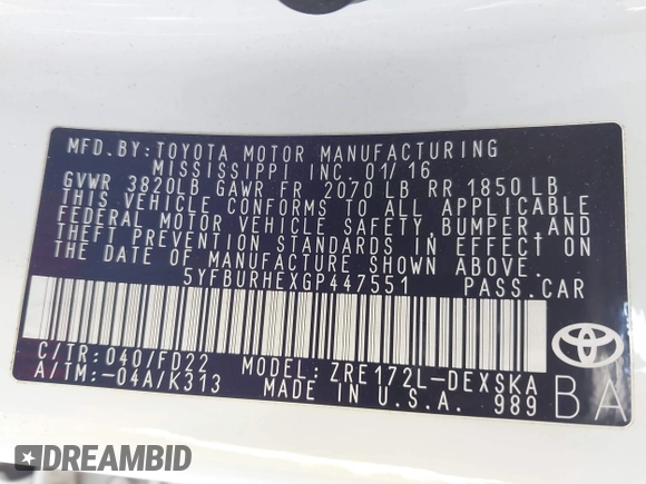 2016 Toyota Corolla L with VIN 5YFBURHEXGP447551, listed as a IAAI auction lot 42316667 with 115,296 mi miles and . Bid and sale history available at DreamBid. Image 9.