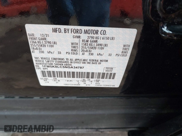 2022 Ford Explorer King Ranch z VIN 1FM5K8LC5NGA34787, wystawiony jako IAAI lot #42066427 z przebiegiem 82 945 mil mil oraz . Historia ofert i sprzedaży dostępna na DreamBid. Obrazek 9.