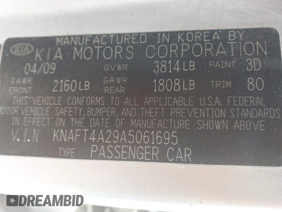 2010 Kia Forte LX with VIN KNAFT4A29A5061695, listed as a IAAI auction lot 42034559 with 114,470 mi miles. Bid and sale history available at carsss.com. Image 9.