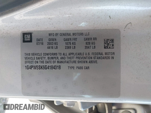 2016 Buick Verano Sport Touring with VIN 1G4PW5SK6G4184318, listed as a IAAI auction lot 42109888 with 41,201 mi miles and . Bid and sale history available at DreamBid. Image 9.