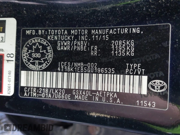 2016 Toyota Avalon Limited with VIN 4T1BK1EB5GU196535, listed as a IAAI auction lot 41670438 with 126,767 mi miles and . Bid and sale history available at DreamBid. Image 9.
