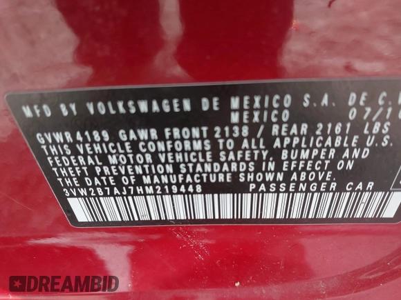 2017 Volkswagen Jetta S with VIN 3VW2B7AJ7HM219448, listed as a IAAI auction lot 41617823 with 88,734 mi miles and . Bid and sale history available at DreamBid. Image 9.