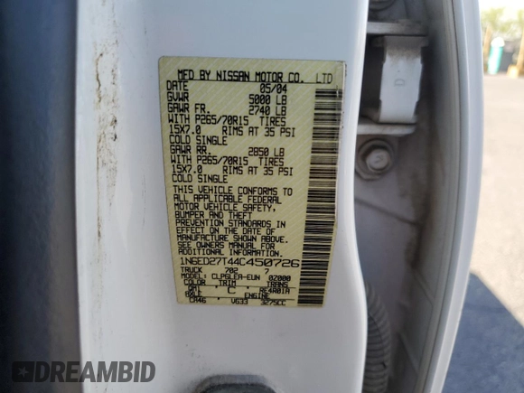 2004 Nissan Frontier XE z VIN 1N6ED27T44C450726, wystawiony jako Copart lot #57004045 z przebiegiem 151 638 mil mil oraz Szkoda całkowita • Salvage title. Historia ofert i sprzedaży dostępna na DreamBid. Obrazek 12.
