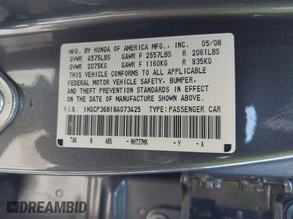 2008 Honda Accord EX-L z VIN 1HGCP36818A073425, wystawiony jako IAAI lot #41939118 z przebiegiem Nie podano mil oraz . Historia ofert i sprzedaży dostępna na DreamBid. Obrazek 9.