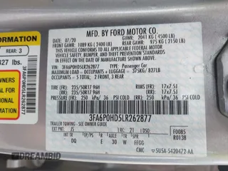 2020 Ford Fusion SE with VIN 3FA6P0HD5LR262877, listed as a IAAI auction lot 42243525 with 53,071 mi miles and . Bid and sale history available at DreamBid. Image 9.