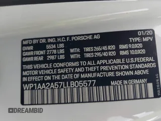 2020 Porsche Macan with VIN WP1AA2A57LLB05577, listed as a IAAI auction lot 41218128 with Not provided miles and . Bid and sale history available at DreamBid. Image 9.