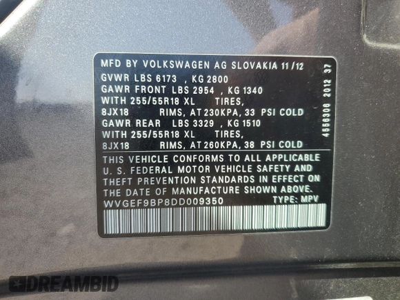 2013 Volkswagen Touareg Lux z VIN WVGEF9BP8DD009350, wystawiony jako Copart lot #55775385 z przebiegiem 165 958 mil mil oraz Czysty tytuł • Clean title. Historia ofert i sprzedaży dostępna na DreamBid. Obrazek 13.