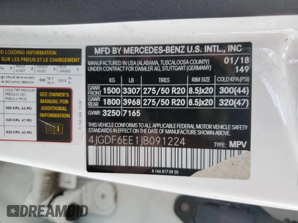 2018 Mercedes-Benz GLS with VIN 4JGDF6EE1JB091224, listed as a Copart auction lot 51284175 with 116,229 mi miles and Salvage Title. Bid and sale history available at carsss.com. Image 13.