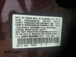 2009 Honda Pilot EX with VIN 5FNYF48469B011311, listed as a Copart auction lot 53736235 with 213,133 mi miles and Salvage Title. Bid and sale history available at DreamBid. Image 12.