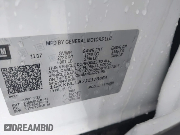 2018 GMC Acadia SLE with VIN 1GKKNLLA7JZ176464, listed as a IAAI auction lot 41461197 with 90,327 mi miles and . Bid and sale history available at DreamBid. Image 9.