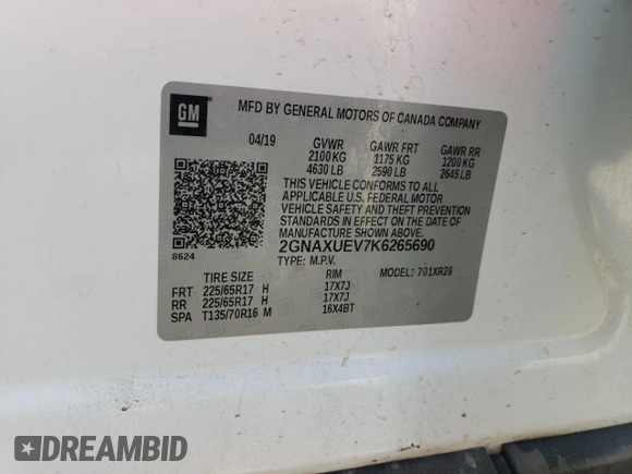 2019 Chevrolet Equinox LT with VIN 2GNAXUEV7K6265690, listed as a Copart auction lot 51316855 with 98,996 mi miles and Salvage Title. Bid and sale history available at DreamBid. Image 15.